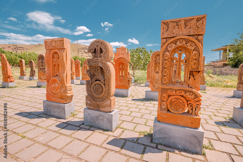 19 May 2021, Oshakan, Armenia Carved from stone tuff khachkars