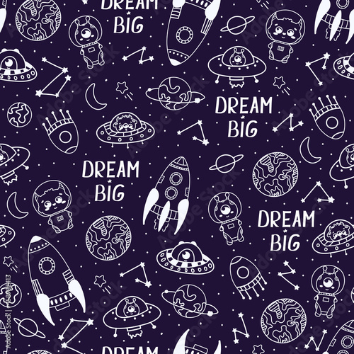 Doodle galaxy themed pattern with spaceships, planets, dream big lettering, alien cute monsters for children bedding