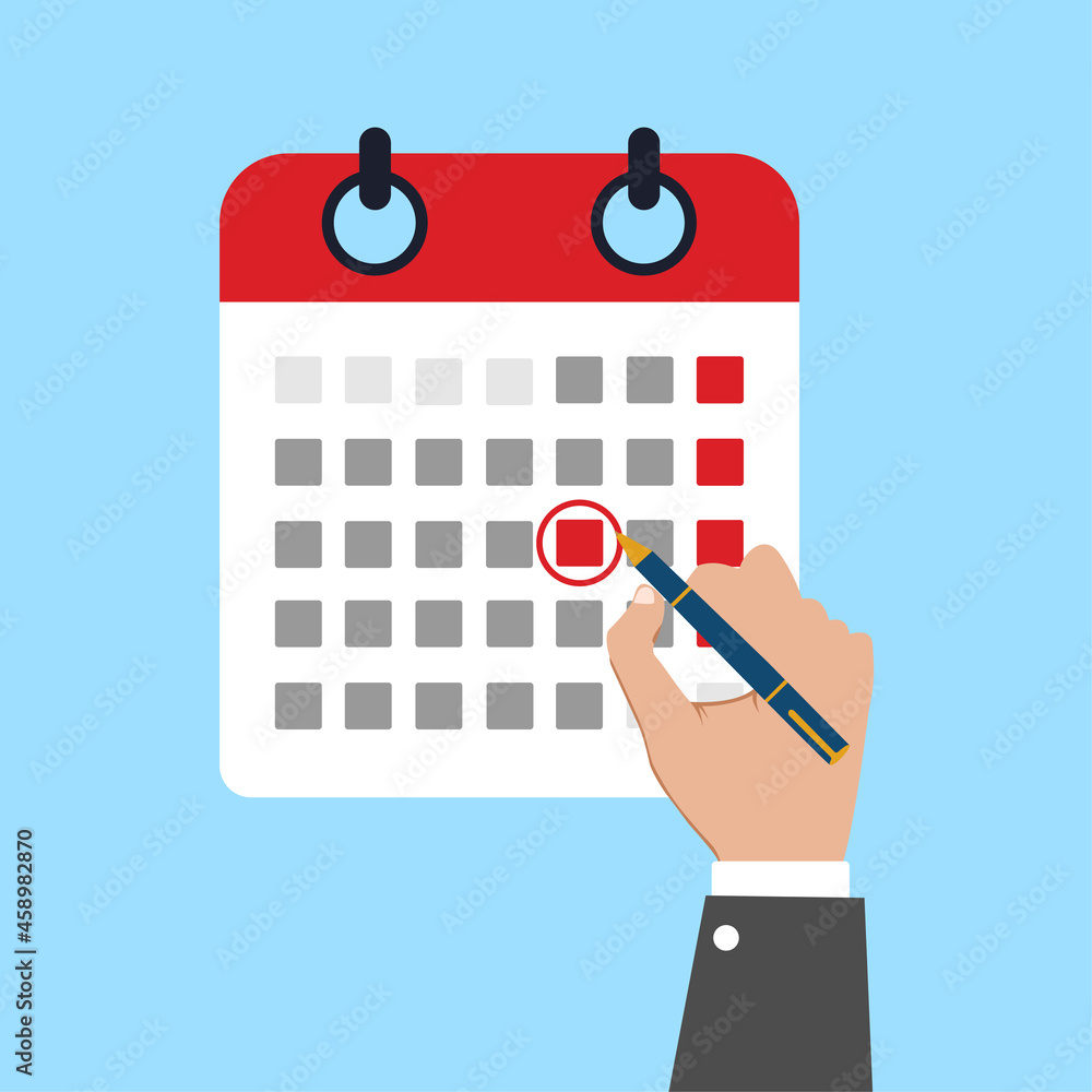 Mark calendar. Vector illustration flat style. Closeup hand