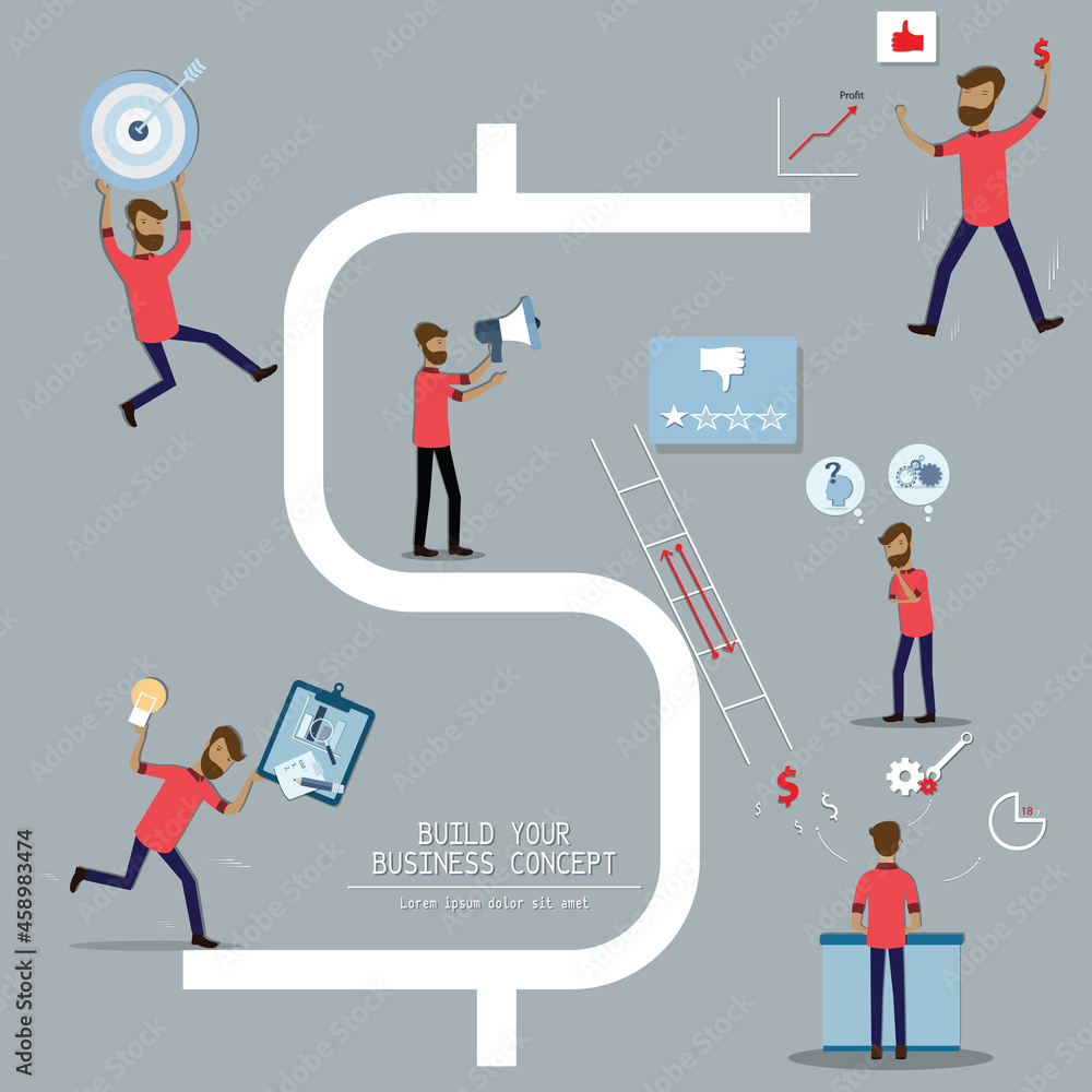 Flat of business concept,Various action of young man on huge s text - vector Flat of business concept,Various action of young man on huge s text - vector