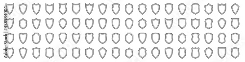 Set of flat silhouette icons of protective shields. Knightly military shield insignia of different shapes. Vector elements. 