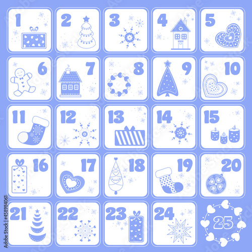 advent calendar for 2022, christmas greetings, in the same style blue color, christmas icons set