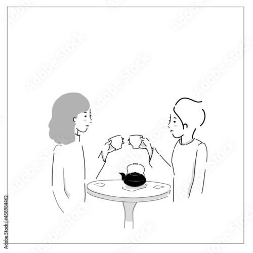 Female friends drinking tea together at cafe vector flat illustration. Smiling woman gossiping spending time at cafeteria isolated. People enjoying coffee break in public place sitting at table