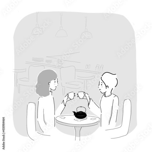 Female friends drinking tea together at cafe vector flat illustration. Smiling woman gossiping spending time at cafeteria isolated. People enjoying coffee break in public place sitting at table