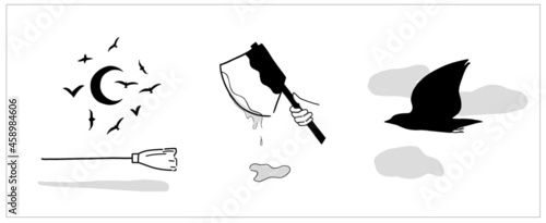 black and white drawing illustration of Halloween themed icon sets. - floating witch's bloom, bloody ax, crow -