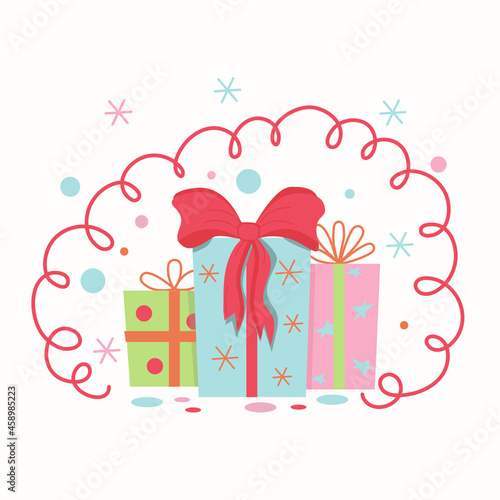 Gifts in boxes. Holidays Christmas, New Year, birthday. Nicely packed presents, surprises. Vector illustration . Isolated background.