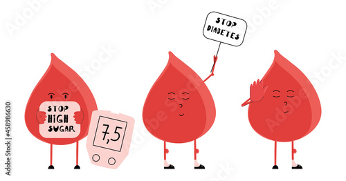 A set of blood drops on the topic stop diabetes. Vector medical illustration in flat style.