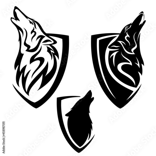 howling wolf head and simple heraldic shield - guard insignia badge modern black and white vector design set