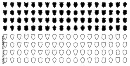 Set of flat silhouette icons of protective shields. Knightly military shield insignia of different shapes. Vector elements.	