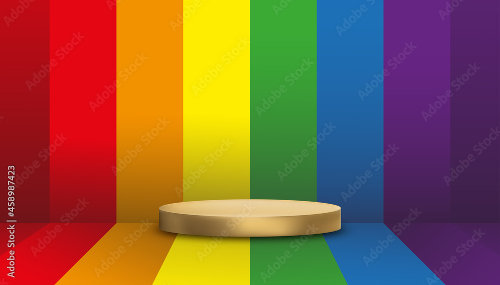 Empty wall studio room with gold podium Rainbow pride LGBT flag backgroud, Vector illustration Graphic design sign mockup backdrop for Lesbian, gay, bisexual and transgender Empty wall studio room with gold podium Rainbow pride LGBT flag backgroud, Vector illustration Graphic design sign mockup backdrop for Lesbian, gay, bisexual and transgender
