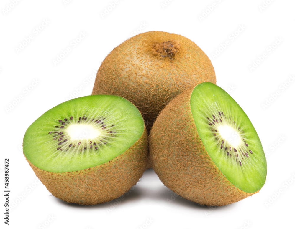 Ripe sweet kiwi and kiwi slice isolated on white background. Fresh fruits. Ripe sweet kiwi and kiwi slice isolated on white background. Fresh fruits.