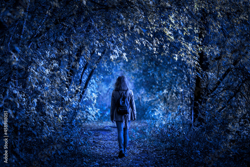 Принти на полотні Dark forest on Halloween, young woman in fantasy spooky woods at night