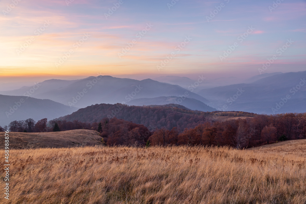 Autumn foggy morning. Landscape with high mountains and orange forest. Panoramic view. Scenery of village. The meadow with yellow grass. Wallpaper background. Touristic place Carpathian park.