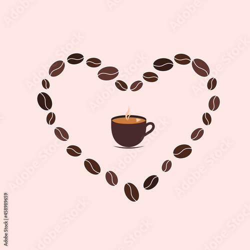 coffee cup with heart and coffee beans