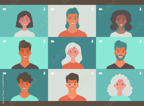 People getting together through video call. Virtual meeting and learning via teleconference. Online communication concept vector illustration