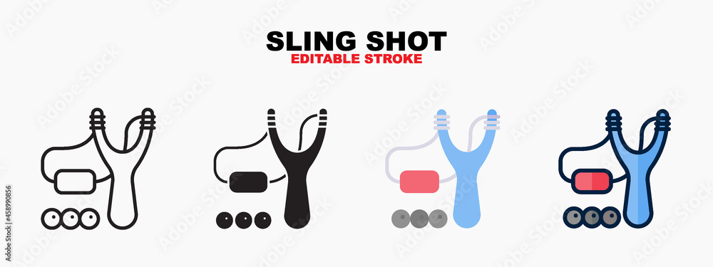 Sling Shot icon symbol set of outline, solid, flat and filled outline style. Isolated on white background. Editable stroke. Can be used for web, mobile, ui and more. Sling Shot icon symbol set of outline, solid, flat and filled outline style. Isolated on white background. Editable stroke. Can be used for web, mobile, ui and more.