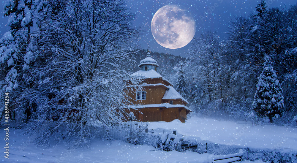 Small wooden church. Christmas Eve Small wooden church. Christmas Eve