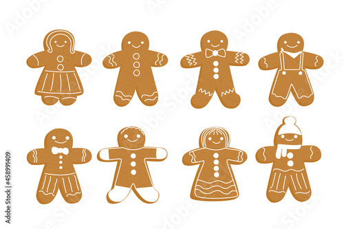 gingerbread man set. Christmas new year ginger cookie in the shape of a person. Brown pepper cake for the holiday. Glazed men. Stock vector flat cartoon illustration isolated on white background.