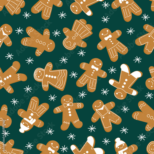 Christmas gingerbread man seamless pattern. New Year cookie. Ginger man pattern on a green background. Snow and snowflakes. Stock vector flat cartoon illustration.