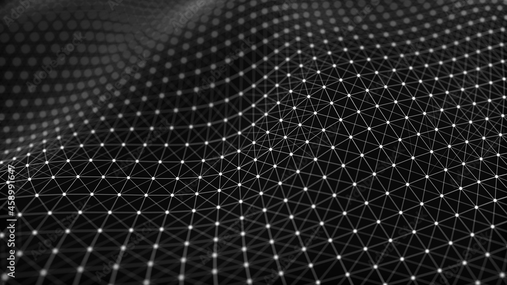 Digital technology background. Abstract dynamic wave of connected dots and lines on dark background. Wave of bright particles. Big data. 3d rendering. Digital technology background. Abstract dynamic wave of connected dots and lines on dark background. Wave of bright particles. Big data. 3d rendering.