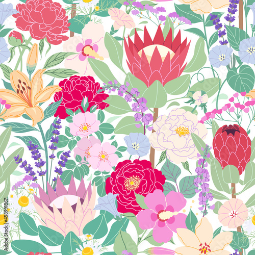 Seamless Pattern  with Blooming Garden Flowers