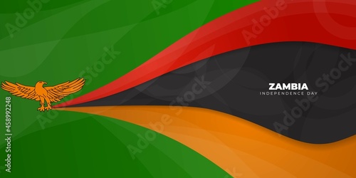 Flying eagle with gripping the red black yellow flag on green background. Zambia independence day background design.