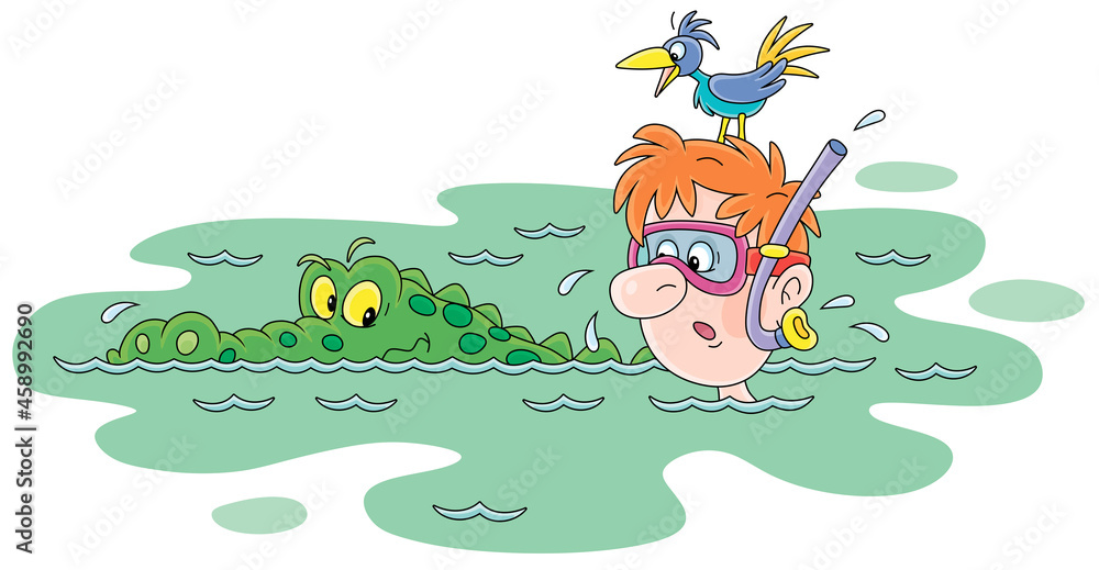 Dangerous adventure of a funny intrepid diver with a mask and a snorkel swimming in a tropical lake near an angry big green crocodile, vector cartoon illustration isolated on white background Dangerous adventure of a funny intrepid diver with a mask and a snorkel swimming in a tropical lake near an angry big green crocodile, vector cartoon illustration isolated on white background