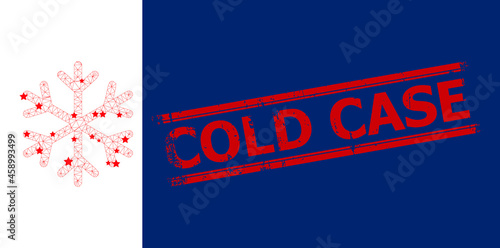 Mesh snowflake polygonal icon vector illustration, and red COLD CASE dirty rubber print. Carcass model is based on snowflake flat icon, with stars and polygonal mesh.