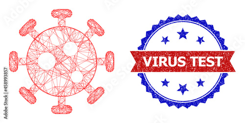 Net mesh virus frame icon, and bicolor grunge Virus Test seal stamp. Flat mesh created from virus pictogram and intersected lines. Vector seal with grunge bicolored style,