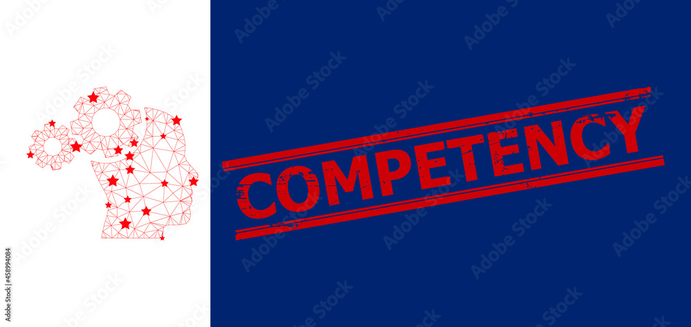 Mesh mind gears polygonal icon vector illustration, and red COMPETENCY unclean watermark. Carcass model is created from mind gears flat icon, with stars and triangle mesh. Mesh mind gears polygonal icon vector illustration, and red COMPETENCY unclean watermark. Carcass model is created from mind gears flat icon, with stars and triangle mesh.