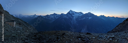 Panorama picture SAC Domhuette, Dom Hut, beautiful views of the valais mountains and the matterhorn. Sunset in wallis