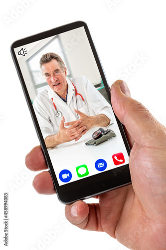 Hand of a man holding Smartphone, mobile phone with calling icon in here,phone ,song,camera,and messaging,and live chat ith doctor on screen on white backgrou,d. photo