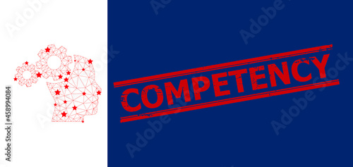 Mesh mind gears polygonal icon vector illustration, and red COMPETENCY unclean watermark. Carcass model is created from mind gears flat icon, with stars and triangle mesh.