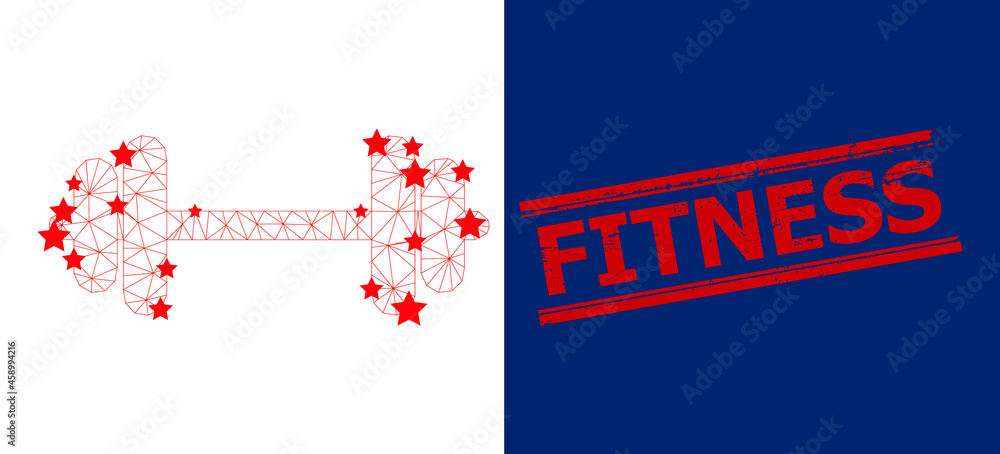 Fototapeta premium Mesh barbell polygonal icon vector illustration, and red FITNESS scratched seal. Carcass model is based on barbell flat icon, with stars and triangle mesh. FITNESS text is between parallel lines.
