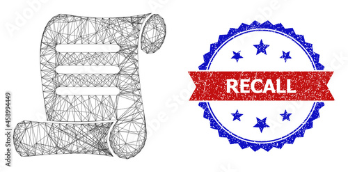Net mesh document roll frame icon, and bicolor grunge Recall watermark. Flat structure created from document roll icon and intersected lines. Vector watermark with distress bicolored style,