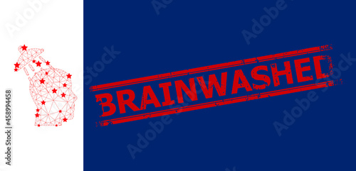 Mesh brainwashing polygonal icon vector illustration, and red BRAINWASHED scratched badge. Carcass model is based on brainwashing flat icon, with stars and triangle mesh.