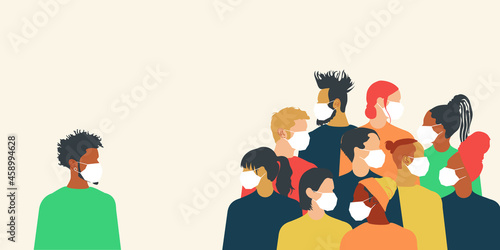 Men and women wearing protective medical masks. A young modern guy is at a social distance from a group of people during the Covid 19 coronavirus pandemic. Vector.