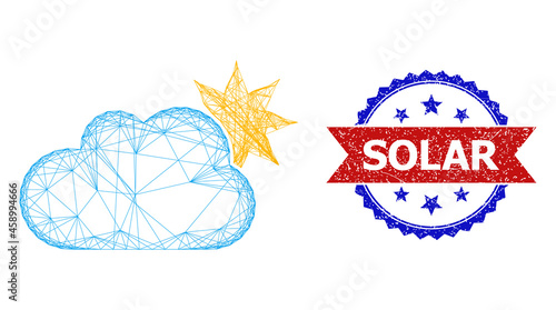 Net mesh sun cloud frame illustration, and bicolor dirty Solar seal. Flat mesh created from sun cloud symbol and crossed lines. Vector seal with distress bicolored style,