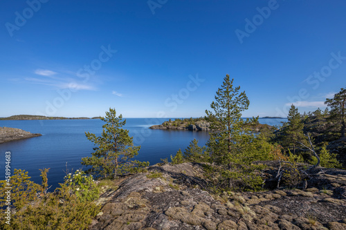 Northern nature. Karelian skerries. lake Ladoga. Channel of lake Ladoga with stony banks.