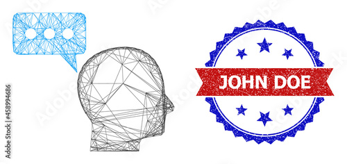 Mesh net personal opinion carcass icon, and bicolor scratched John Doe watermark. Flat carcass created from personal opinion icon and crossed lines. Vector imprint with corroded bicolored style,