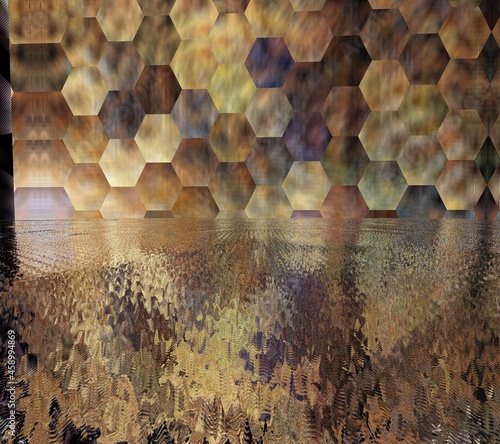 intricate and detailed patterns and design in bronze copper and silver grey colours reflection and ripples in the water