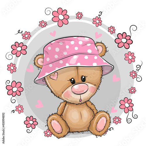 Cartoon Teddy Bear girl in a panama hat