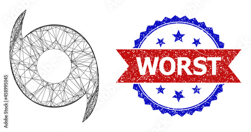 Net hurricane wireframe illustration, and bicolor grunge Worst watermark. Flat carcass created from hurricane symbol and intersected lines. Vector watermark with grunge bicolored style,