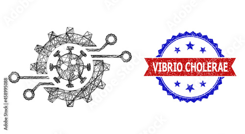 Mesh net virus electronics gear carcass illustration, and bicolor grunge Vibrio Cholerae watermark. Flat mesh created from virus electronics gear symbol and intersected lines. photo