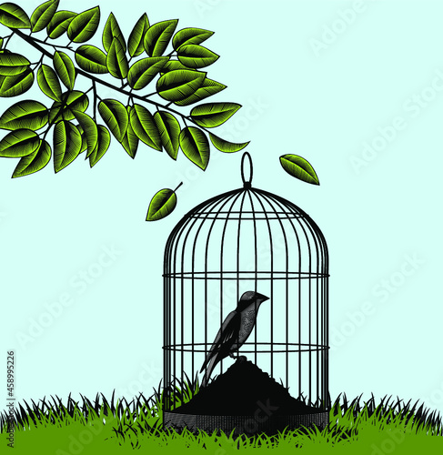 Silhouette of a bird sitting on a cage against the sky in the style of engraving. Ecology theme, environmental protection. Symbolizes freedom. Vector illustration