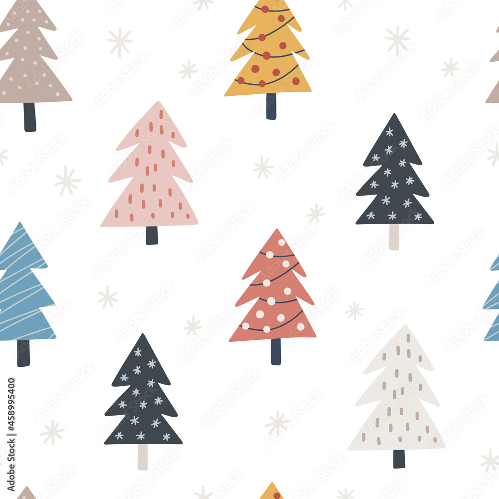Seamless pattern with christmas trees. Hand drawn vector illustration for wrapping, textile