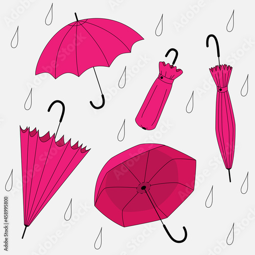 Different types of umbrellas. Protect from rain in the fall.