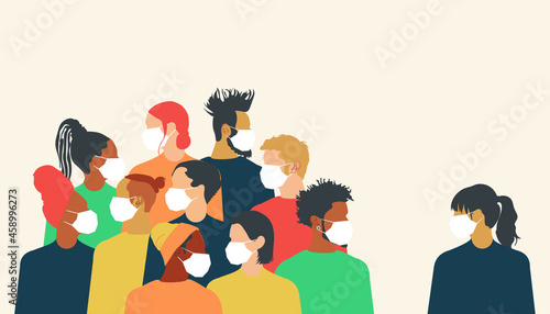 Men and women wearing protective medical masks. A young modern girl is at a social distance from a group of people during the Covid 19 coronavirus pandemic. Vector.