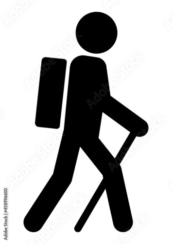 ngi1293 NewGraphicIcon ngi - german - Wanderer mit Rucksack und Wanderstock - Person beim wandern . english - hiker with backpack and walking stick . isolated on white - DIN A4 xxl g10745