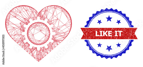Network love gear model icon, and bicolor rubber Like It watermark. Flat model created from love gear icon and crossing lines. Vector seal with grunge bicolored style,